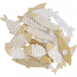 Holzsticker Fisch Mix gold-weiß, 24 Stück